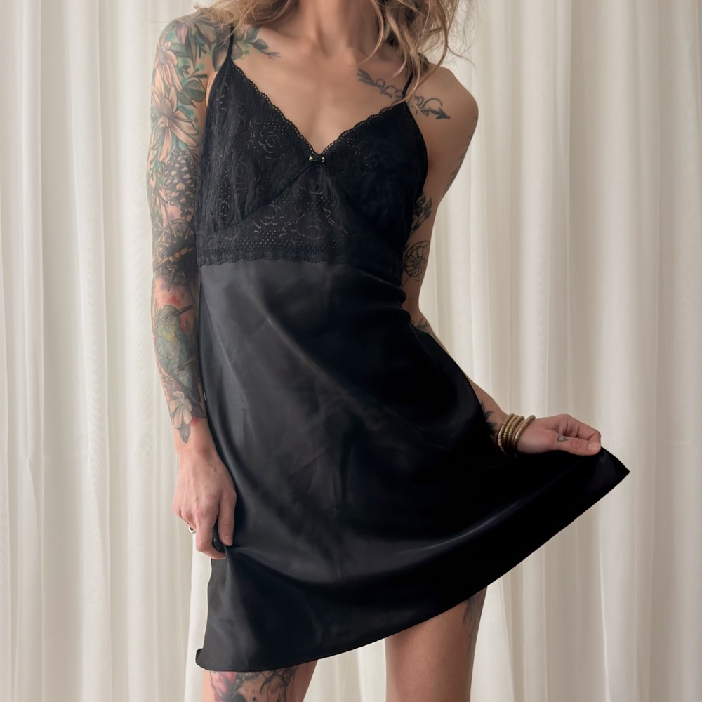 Nice & Co Black Satin Slip Mini Dress Silky Minimal Chic‎ 90s Style Size M - Picture 6 of 7
